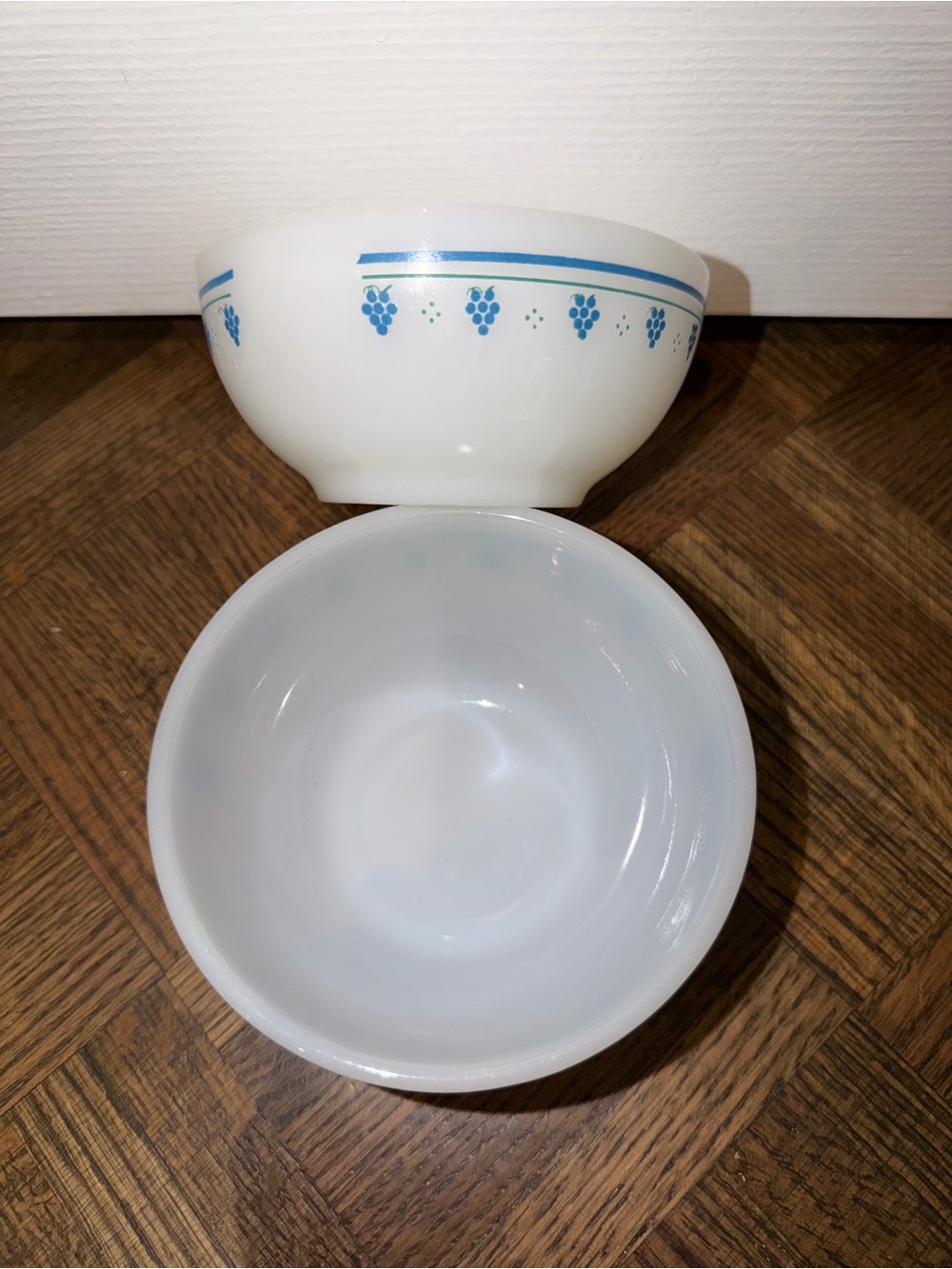 White Glass Mixing Bowls with Blue Grape Accent